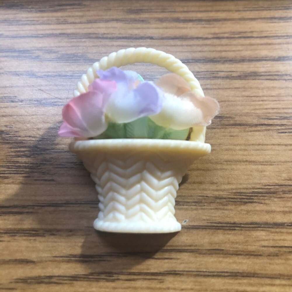 New Vintage Hallmark Lapel Pin Easter Basket Flowers Silk Brooch Spring 80's